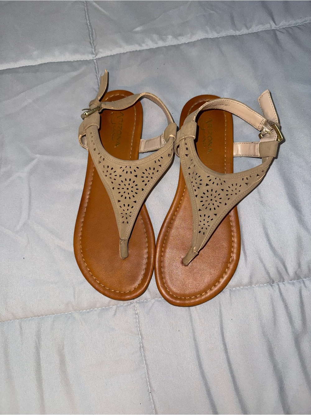 Arizona Love Beige Laser-Cut T-Strap Sandals